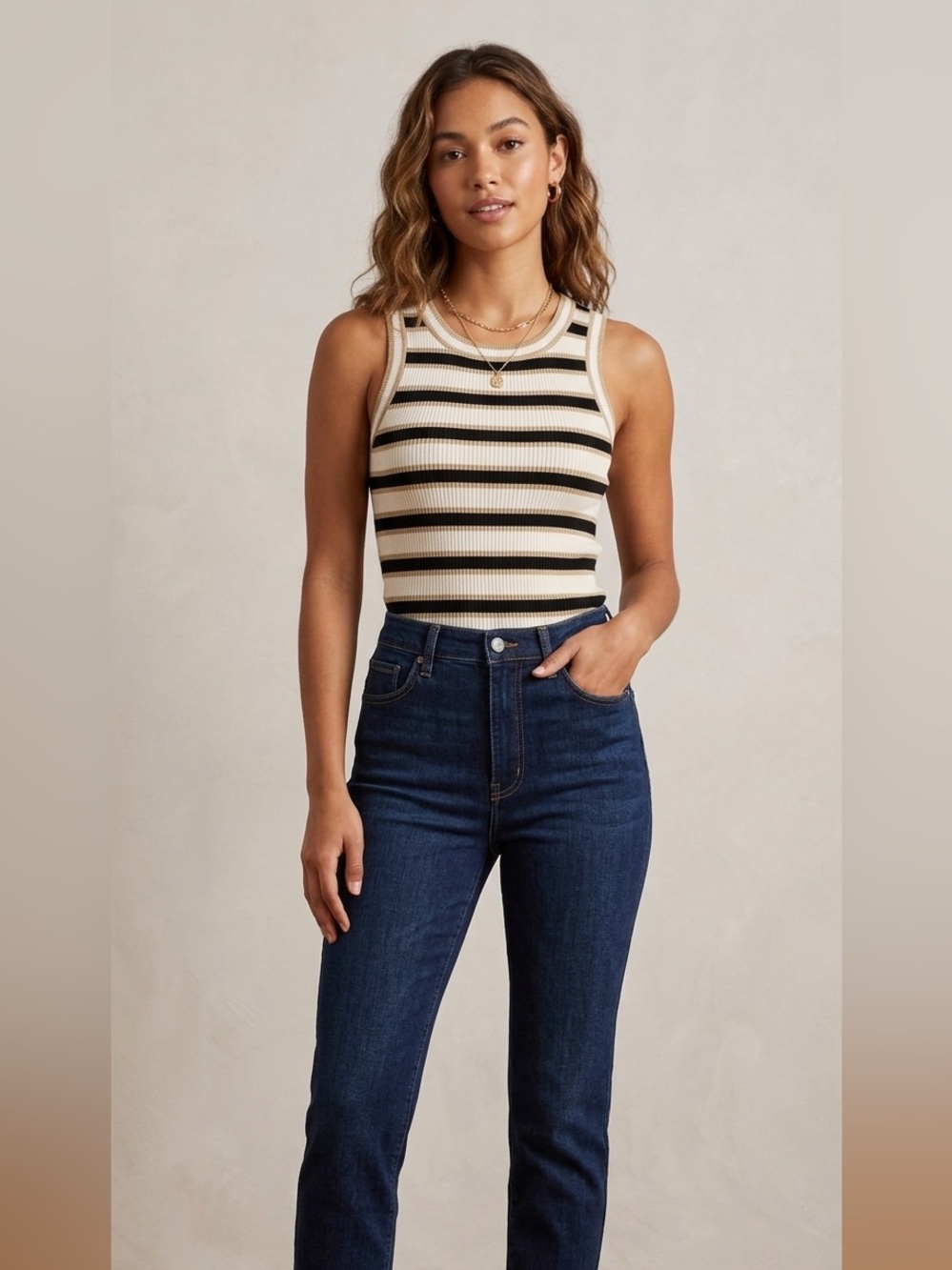 Cable & Gauge Striped Ribbed Knit Tank Top Metallic Thread Fitted Size S